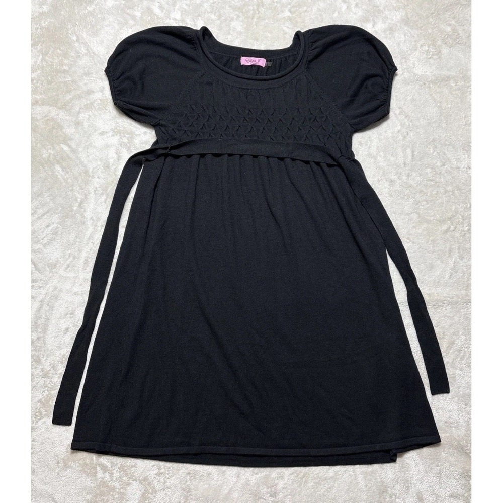 Eliza J Wool Blend Sweater Dress Women's Medium Black Smocked Belted Puff Sleeve